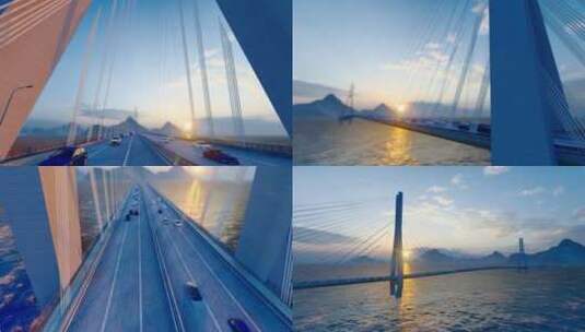 4K 夕阳下跨海大桥车流航拍素材高清在线视频素材下载