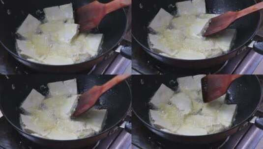 家庭美食制作，香煎豆腐制作高清在线视频素材下载
