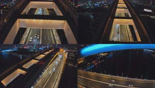 上海卢浦大桥夜景航拍高清在线视频素材下载