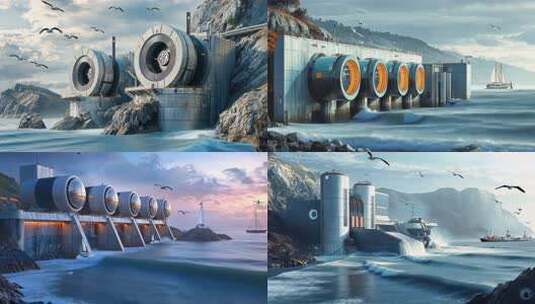 能源站海滨 大型设施科技涡轮机械海浪山峰高清在线视频素材下载