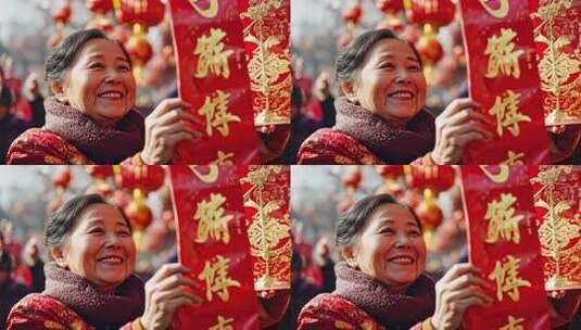 老人手持对联喜庆新年高清在线视频素材下载