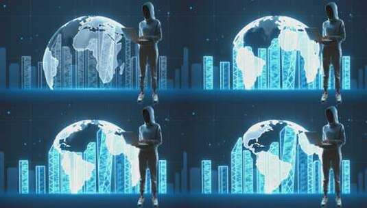 持笔记本电脑人物与地球科技背景高清在线视频素材下载