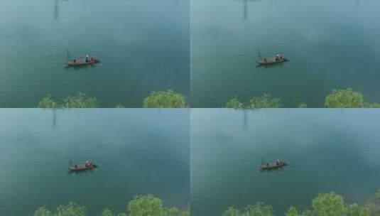 渔舟晨雾唯美风光4K航拍高清在线视频素材下载