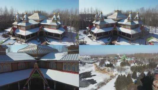哈尔滨伏尔加庄园冬季航拍冰雪冬季航拍高清在线视频素材下载