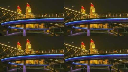 南京长江大桥桥头堡映红桥夜景延时高清在线视频素材下载