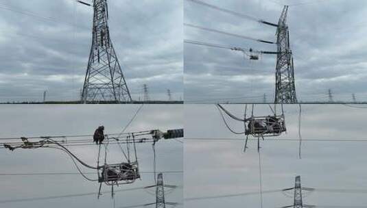 电力工人输电国家电网架设高压线高空作业高清在线视频素材下载