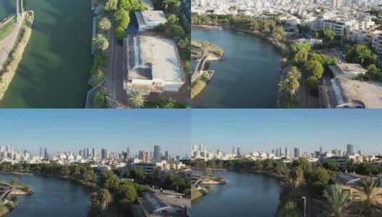 特拉维夫Yarkon Lake City广角无人机4k高清在线视频素材下载