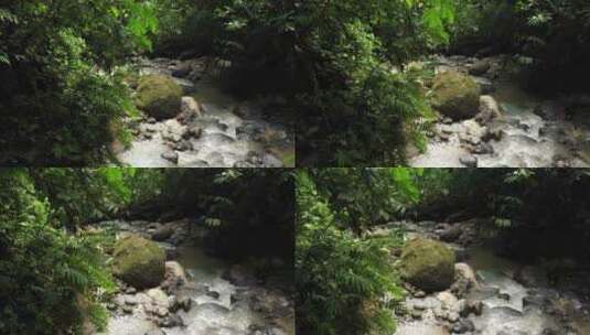 一条热带溪流，有清澈的水和大量的小鹅卵石和覆盖着苔藓的大石头高清在线视频素材下载