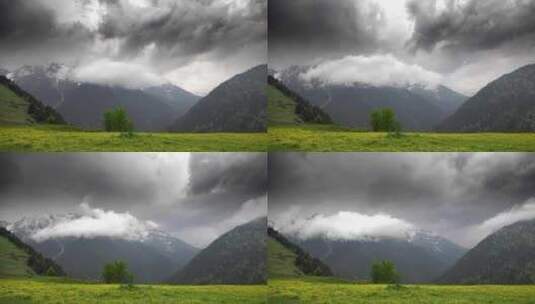 暴风雨多云的山区气候在草甸与黄花高清在线视频素材下载