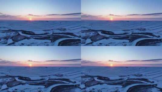 航拍冬季垦区田野雪景高清在线视频素材下载