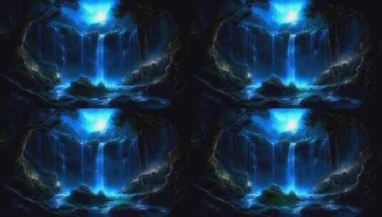 神秘蓝色森林瀑布特效动态背景高清在线视频素材下载