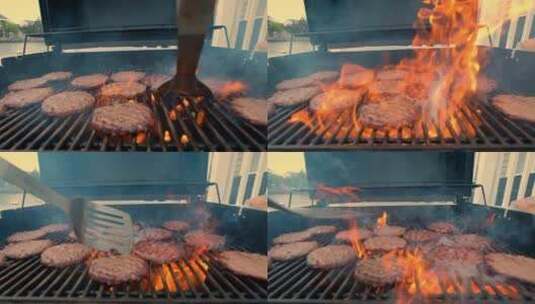 美国烧烤食品在带火的热烤架上高清在线视频素材下载