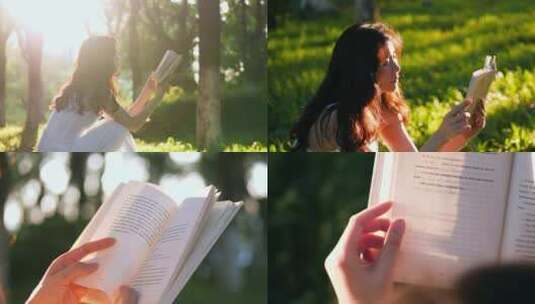 女孩在夕阳下的草地上看书阅读高清在线视频素材下载