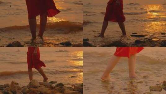金光闪闪的晚霞海边美女光着脚玩水高清在线视频素材下载