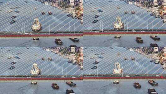 上海黄浦江杨浦大桥车流轮船航拍高清在线视频素材下载