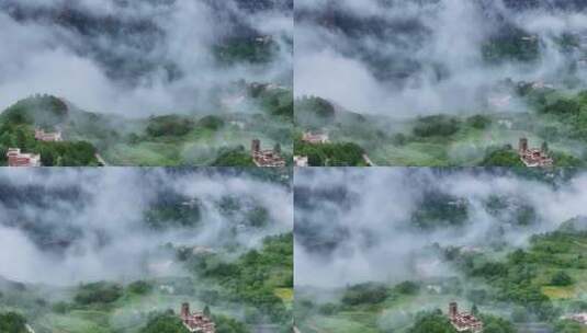 航拍四川省甲居藏寨清晨的云雾高清在线视频素材下载