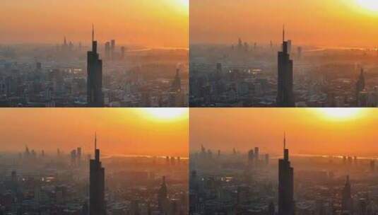 南京城市雪景紫峰大厦黄昏日落航拍高清在线视频素材下载