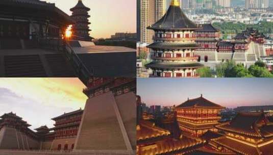 洛阳古城航拍合集中国历史古建筑古代宫殿高清在线视频素材下载