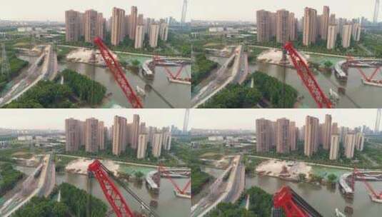 浮吊鸟瞰图，人行桥施工高清在线视频素材下载