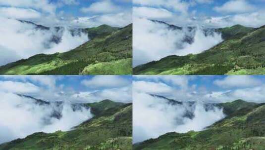 蓝天白云阳光下桂林高山上的云海和风力发电高清在线视频素材下载