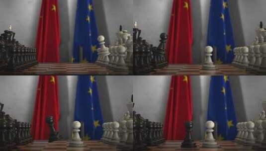 欧盟与中国国旗政治与冲突概念动画棋盘游戏高清在线视频素材下载