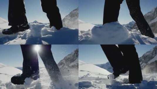 徒步旅行者在高山探险远足在深雪山景观户外高清在线视频素材下载