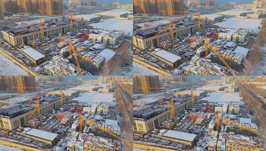 冬季航拍烟台大雪后的城市建筑和晚霞风景高清在线视频素材下载