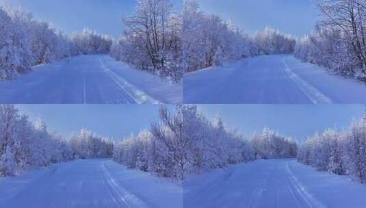 航拍森林雾凇山间冰雪道路高清在线视频素材下载