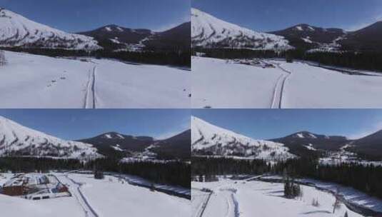 航拍新疆冬季喀纳斯河流晨雾雪山森林雪景高清在线视频素材下载