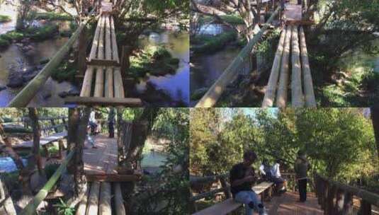 小溪上是竹和木制作的桥高清在线视频素材下载