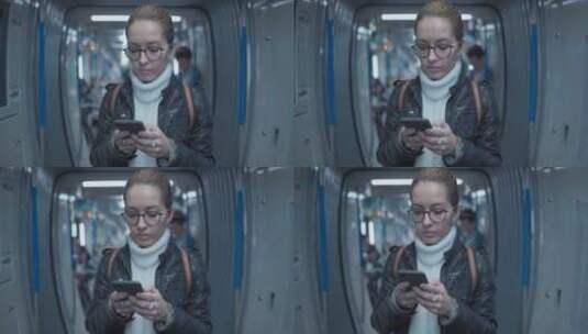 女孩在地铁上玩手机高清在线视频素材下载
