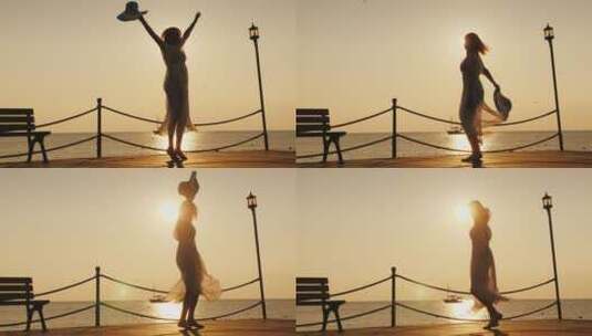 日落时海边跳舞的女孩高清在线视频素材下载