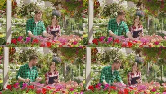 两个园丁在花园里照顾花卉高清在线视频素材下载