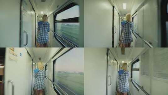 沿着列车车厢行走的女孩高清在线视频素材下载