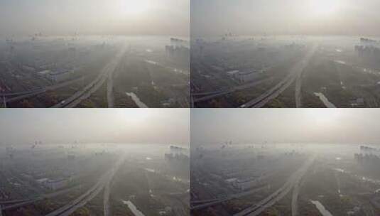 上海闵行梅陇镇清晨大雾大场景航拍4K。高清在线视频素材下载