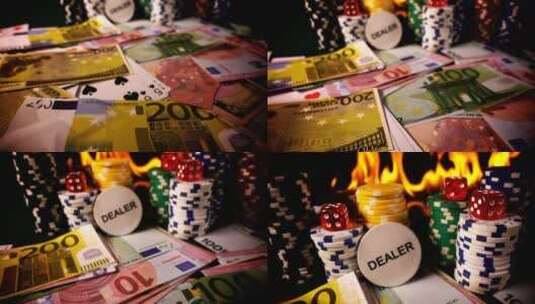 赌场物品_卡片_骰子_钞票_筹码和火高清在线视频素材下载