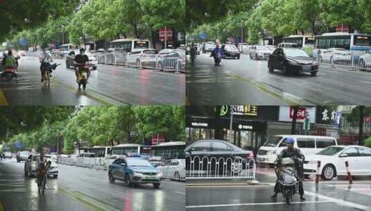 都市平凡生活-雨天骑电动车上班的人们高清在线视频素材下载