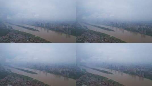 长沙湘江橘子洲头城市雨天云层航拍高清在线视频素材下载