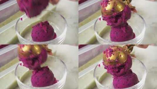 自制粉色火龙果冰激凌挖冰球高清在线视频素材下载