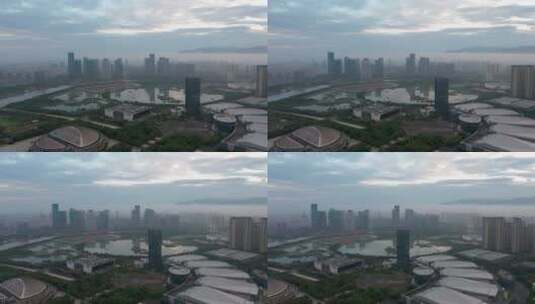 义乌城市地标平流雾风光航拍高清在线视频素材下载