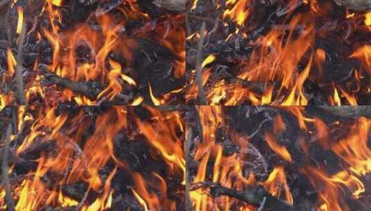 4K烧火焚烧木材枯枝草垛秸秆火焰特写高清在线视频素材下载