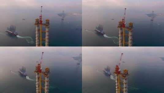 海上跨海大桥大型桥梁基柱施工航拍特写高清在线视频素材下载