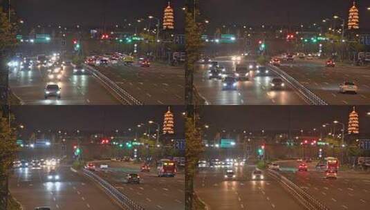 快速路隧道口夜景双向行驶车流灯光高清在线视频素材下载