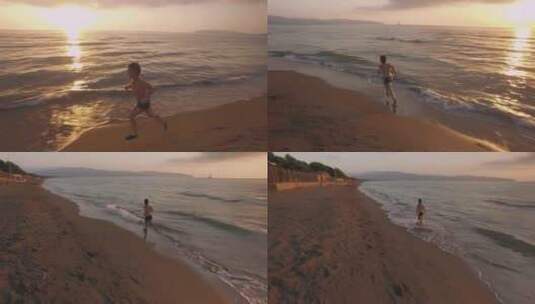 日落时孩子在海滩上跑步高清在线视频素材下载