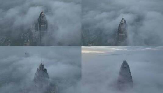 温州世贸中心大厦平流雾航拍高清在线视频素材下载