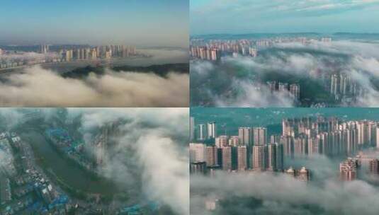 城市风光航拍鸟瞰大气云海高清在线视频素材下载