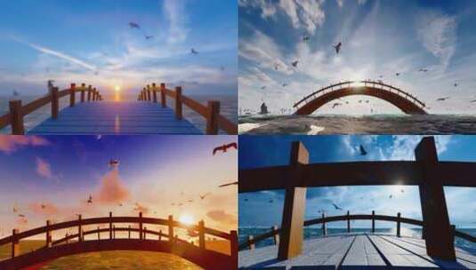 夕阳大海拱桥码头海鸥飞翔和谐大自然高清在线视频素材下载
