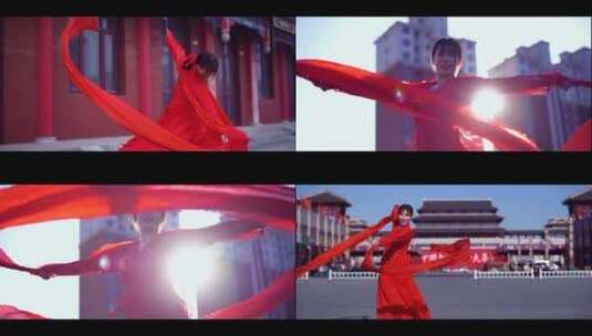 美女跳舞红色绸缎高清在线视频素材下载