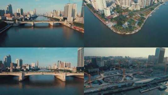 广州人民桥洲头咀和芳村码头航拍高清在线视频素材下载