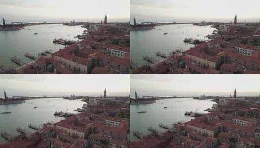 意大利威尼斯的鸟瞰图，带有大运河屋顶的建筑物和船只高清在线视频素材下载